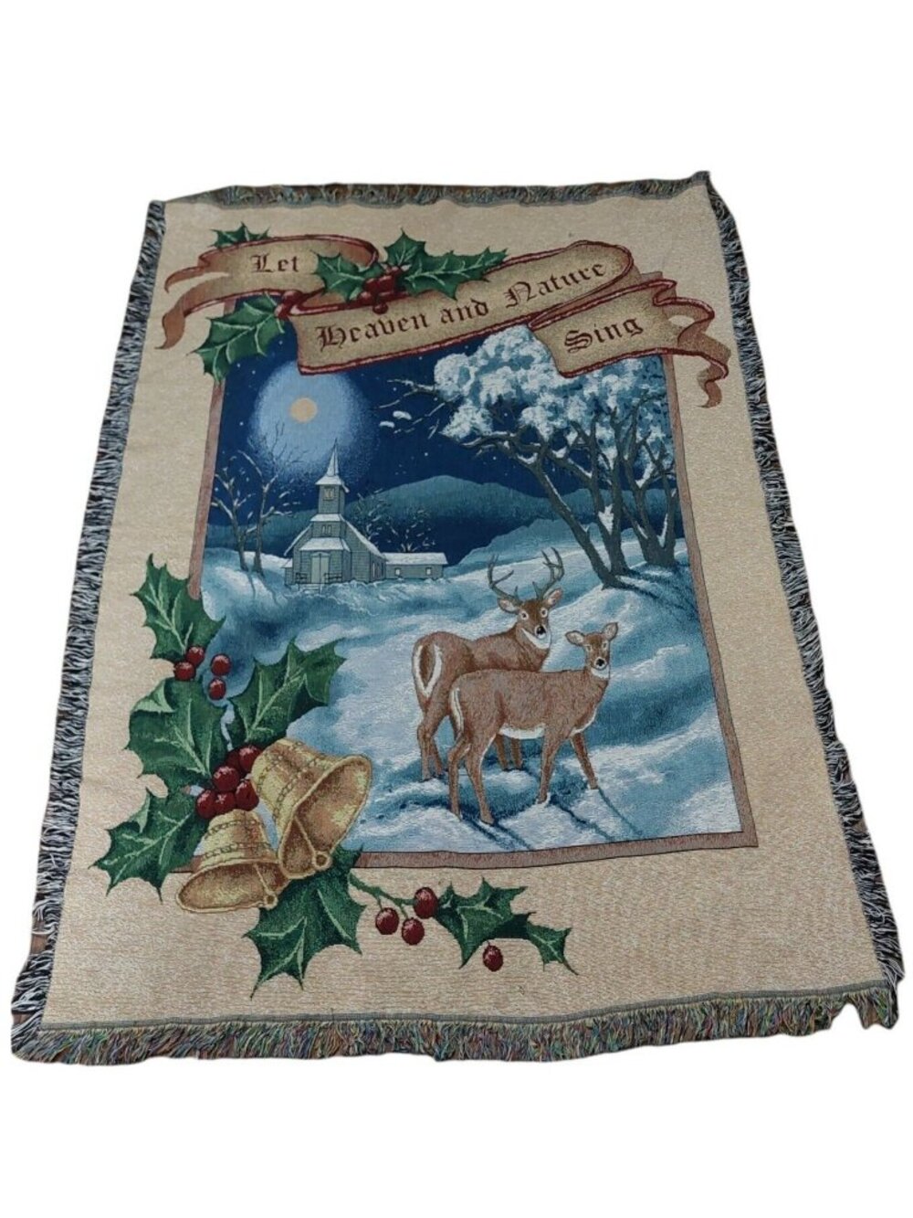 Let Heaven And Nature Sing tapestry throw deers church winter fringe holly 71x52